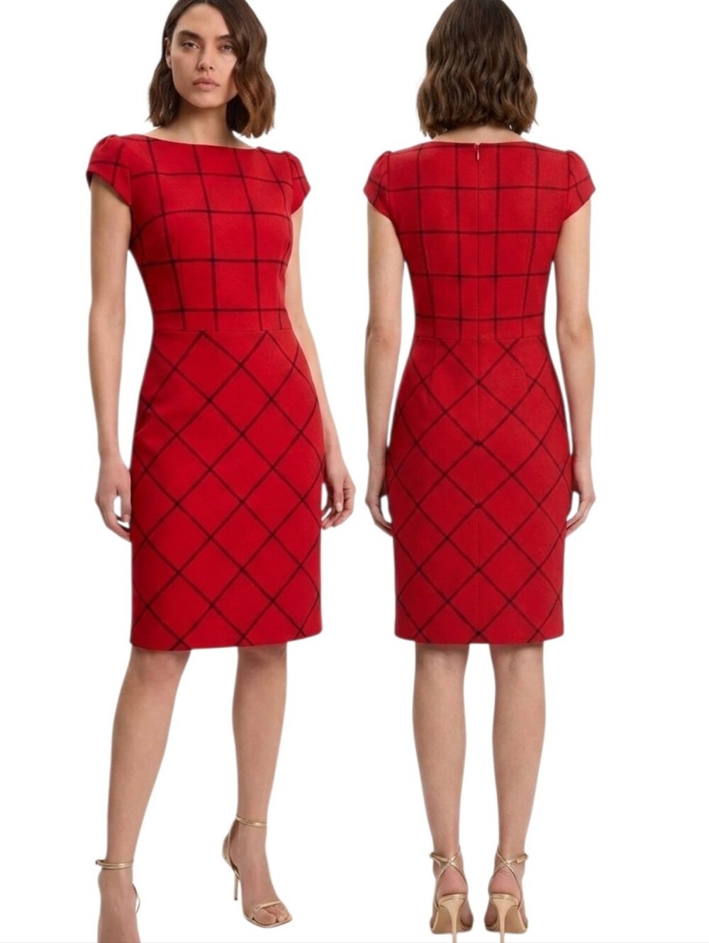 KAREN MILLEN Windowpane Plaid Cap Sleeve Sheath Dress - Size 6